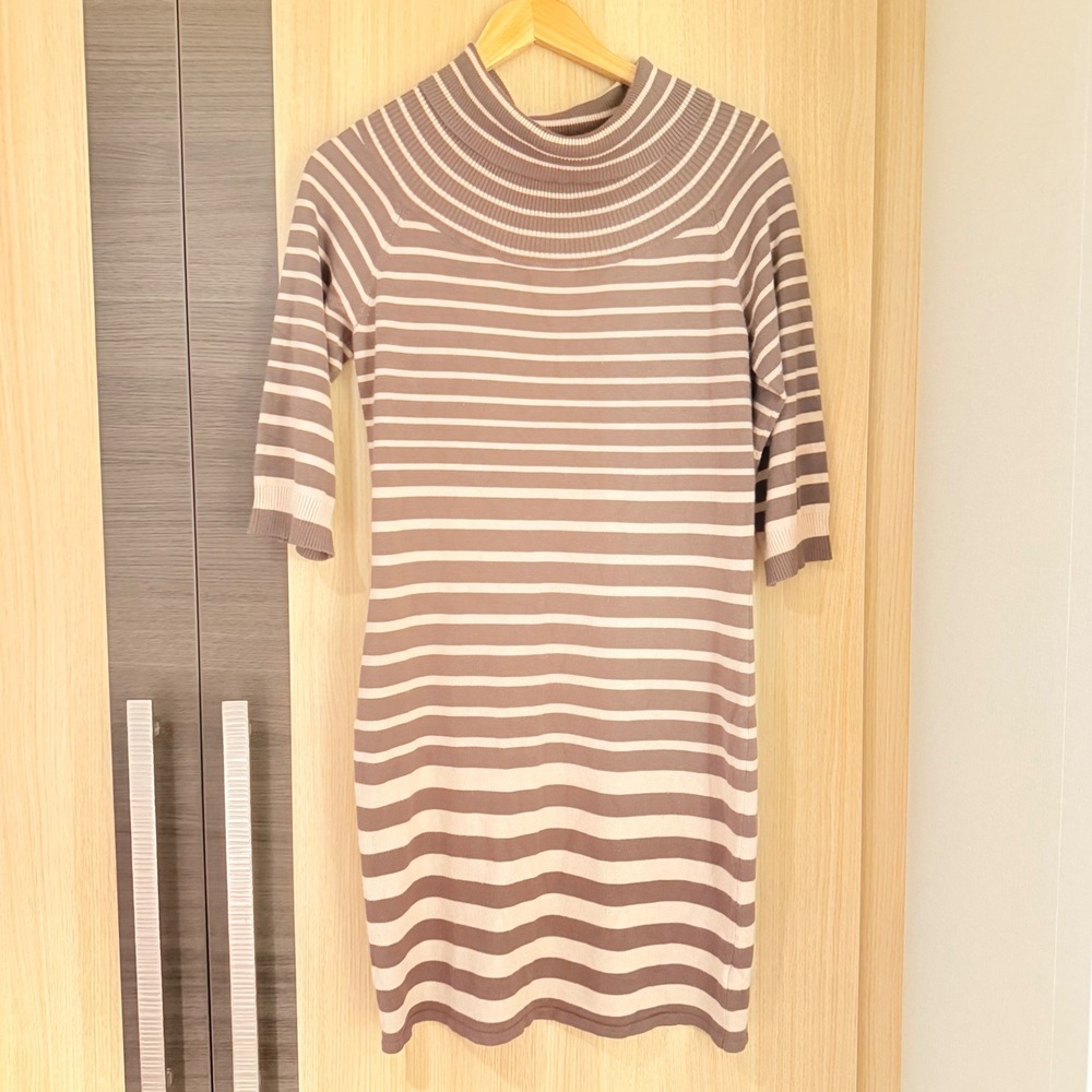 Pink Rose Striped Knit Dress XL Ribbed Mock Neck 3/4 Sleeve Casual Comfy